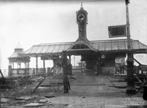 Palace Pier entrance in need of repair, 7 April 1945