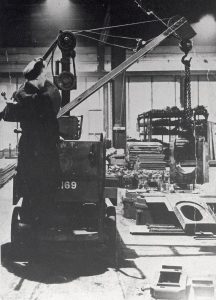 Mrs Sylvia Bellis, aged 22, driving a crane at Brighton Station during the Second World War.