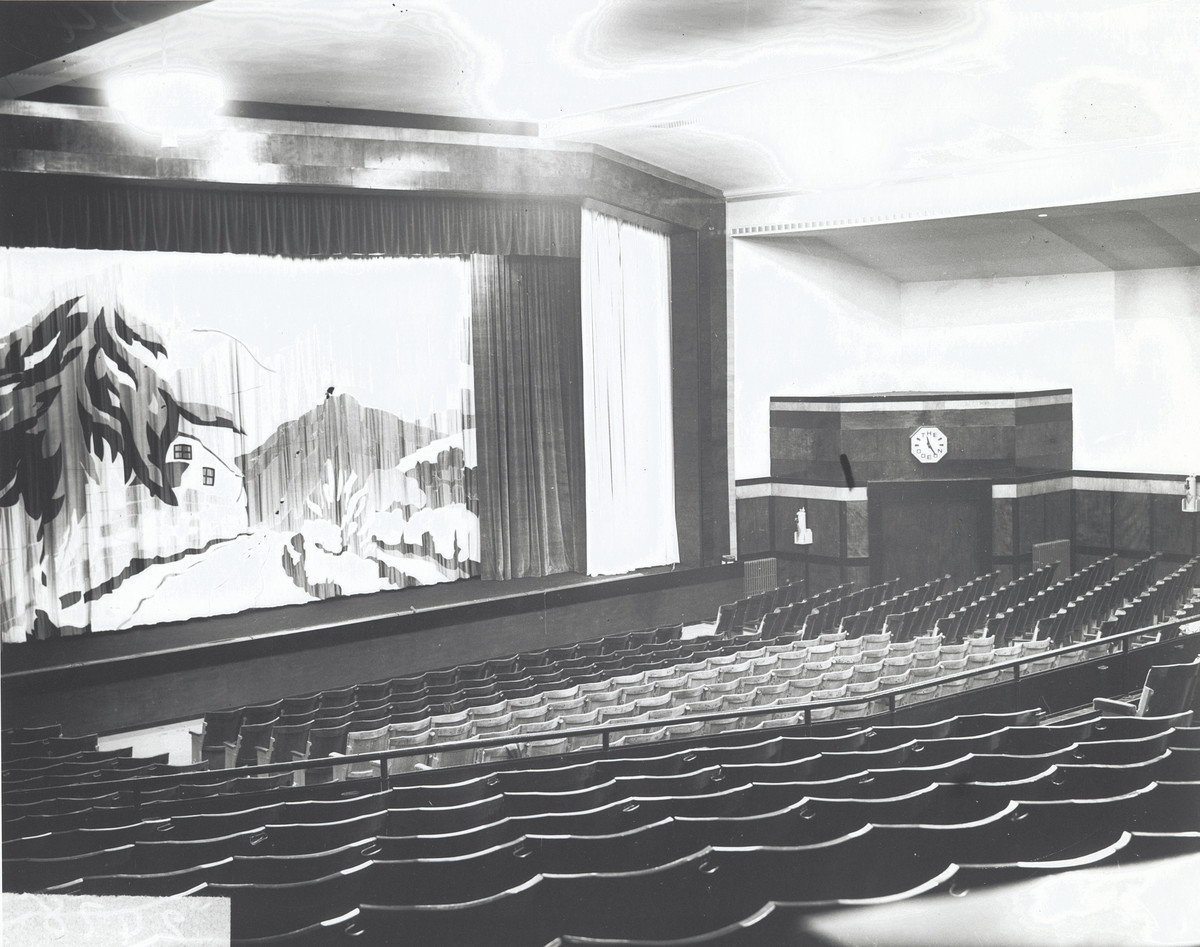 View of interior with seat facing the cinema screen